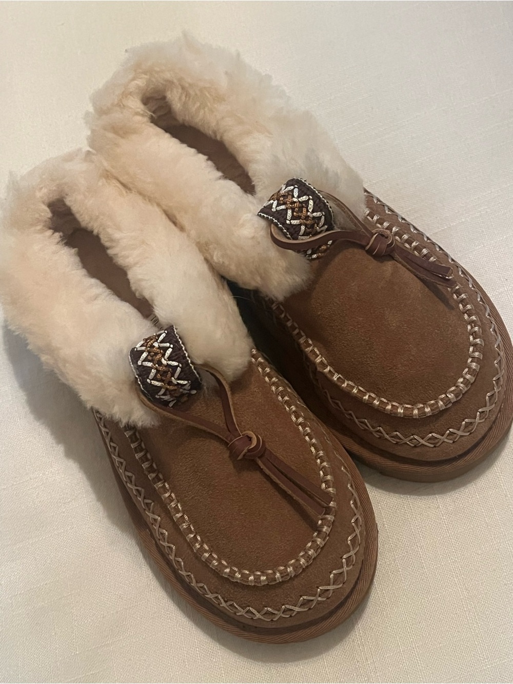 UGG Chestnut Brown Suede Shearling-Lined Moccasin Slippers